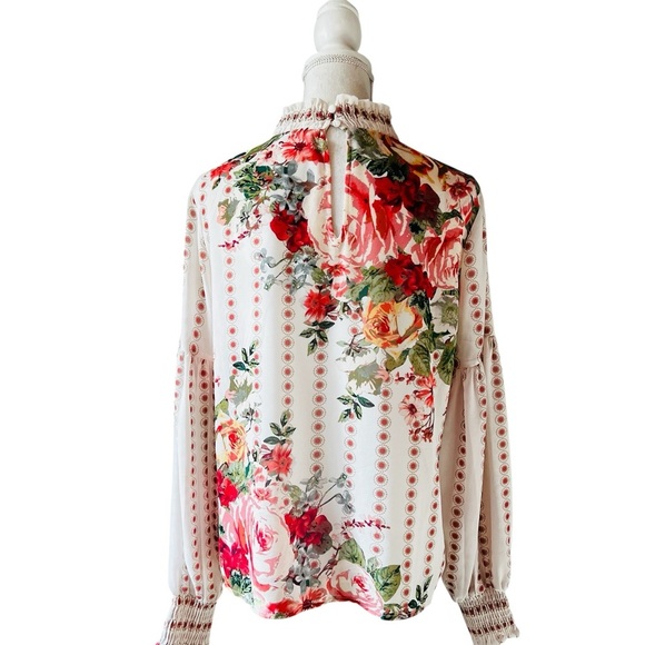 Jealous Tomato Cream Smoked/Ruffled High Neckline Long Sleeve Boho Blouse Sz Lg - Picture 3 of 11